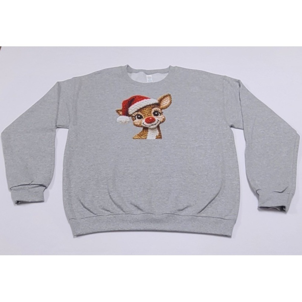 Rudolph The Red Nose Reindeer Santa Hat Graphic Sweatshirt Gray Medium Holiday